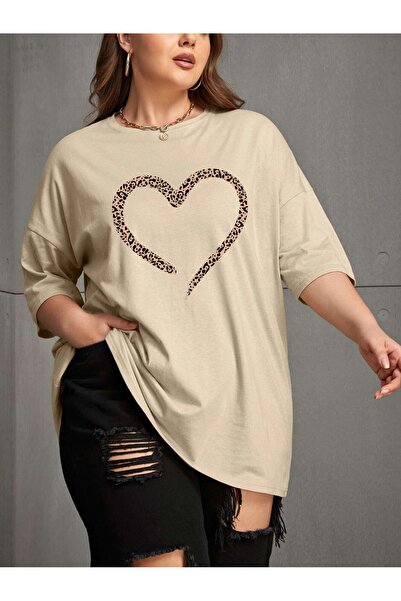 MODAVİBE Tricou cu mânecă scurtă și imprimeu inimă pentru femei de mărimi mari