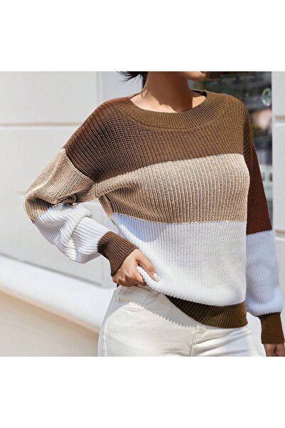 citystyle Color Block Crew λαιμόκοψη μακρυμάνικο γυναικείο πλεκτό πουλόβερ - Camel/πέτρα/λευκό