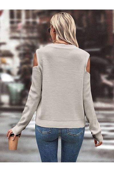 TRQOM Pulover de damă din tricotaje cu decolteu rotund cu detaliu din plasă de culoare piatră - Detaliu de umăr cu model de tricotat de păr
