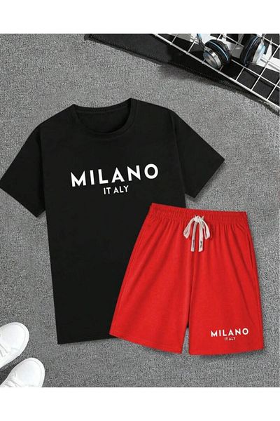 NO 601 Tricou negru cu imprimeu Milano pentru bărbați Set scurt din bumbac pieptănat roșu