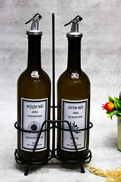 Jenisa 2 Adet Akıtmaz Amber 750 Ml Etiketli Yağlık Yağdanlık Ve Siyah Stant