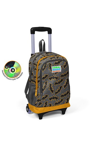 Coral Dark Gray and MuStard Color Bat Patterned School Backpack with Squeegee for KidS - Three CompartmentS 23921