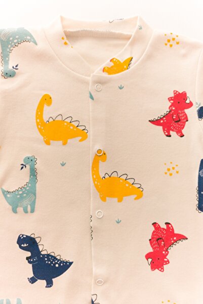LAVORE Cream Dinosaur Patterned 100% Cotton Jumpsuit with Booties