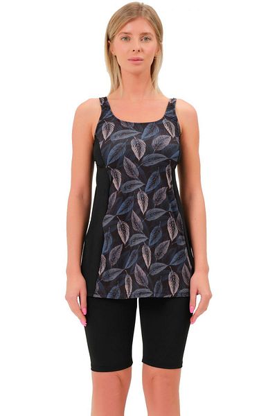 Argisa Plus Size Leggings - Garnished Patterned Tankini with Shorts 5534, Black Gray