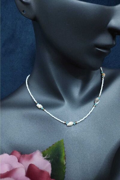 SherDesing Sea Shell White Color Small Beaded Bijouterie Necklace