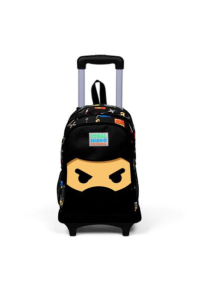 Coral Black Ninja Patterned Children'S School Backpack - Three CompartmentS and Squeegee 23381