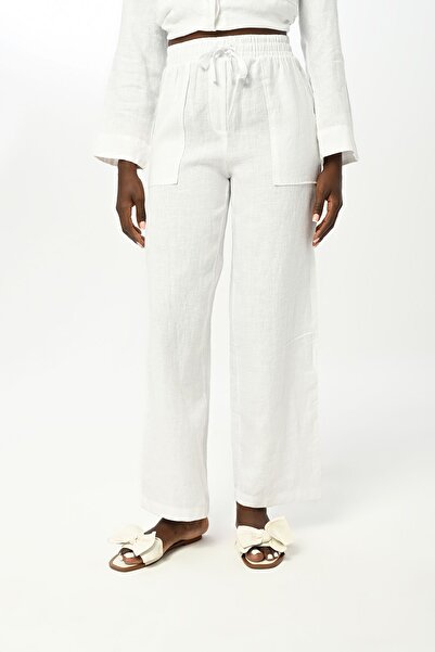 Orfeo Negro Women's - Straight Linen Trousers, Wide Leg and Elastic Waist