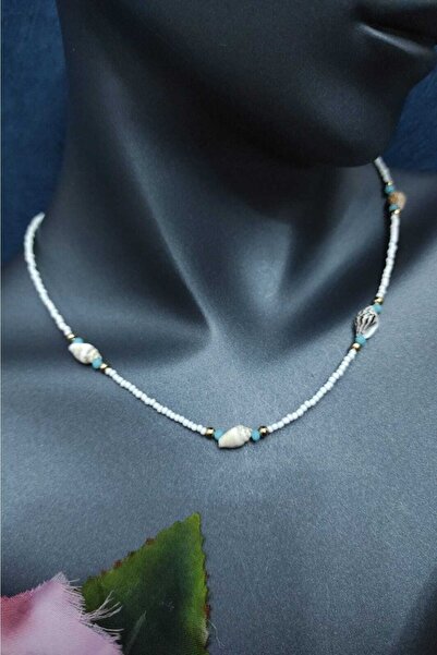 SherDesing Sea Shell White Color Small Beaded Bijouterie Necklace