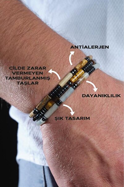 Ssilhoutte Doğaltaş Güç ve Denge Kombin Bilekliği - Kaplan Gözü - Amazonit - Jasper - Hematit