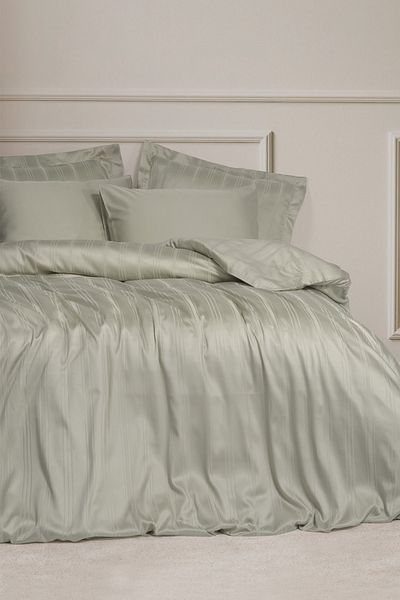 Cotton Box Smart Bamboo Satin - طقم غطاء لحاف مزدوج باللون البيج، مخطط
