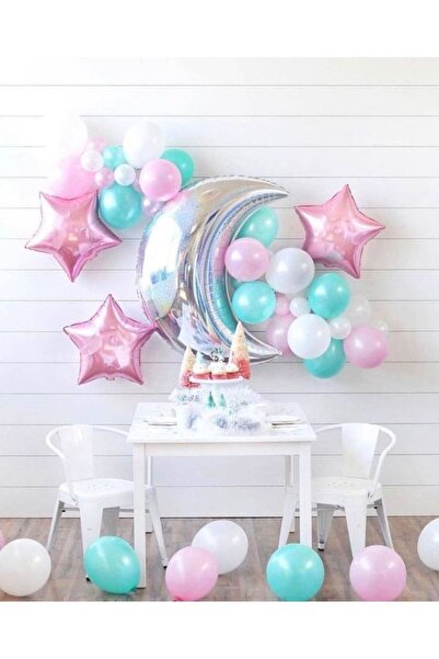 MERİ PARTİ GÜMÜŞ RENK AY PEMBE YILDIZ BALON KONSEPT DOĞUM GÜNÜ MİNT YEŞİLİ BE...
