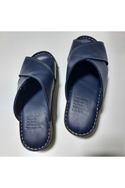 KAPAR Синій колір 100% натуральна шкіра Зручні широкі капці - Зшиті поперечні ремінці