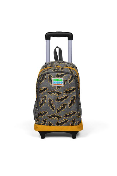 Coral Dark Gray and MuStard Color Bat Patterned School Backpack with Squeegee for KidS - Three CompartmentS 23921