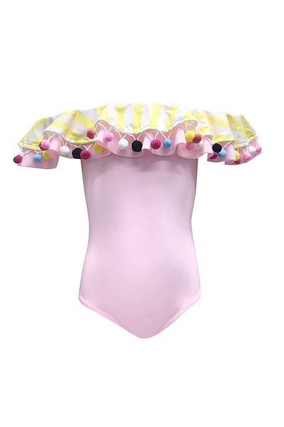 LOOK ME Boat Neck Flounce Colorful Little Pompom Detailed 50Uv Girl's Swimsuit by Nessi Byrd