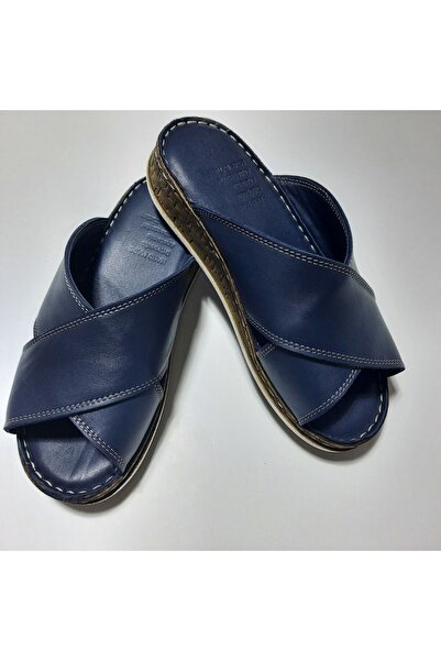 KAPAR Синій колір 100% натуральна шкіра Зручні широкі капці - Зшиті поперечні ремінці
