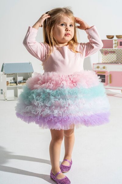 Linola Baby Kids Pembe Renk Geçişli Tütü Etekli Kız Çocuk Elbise