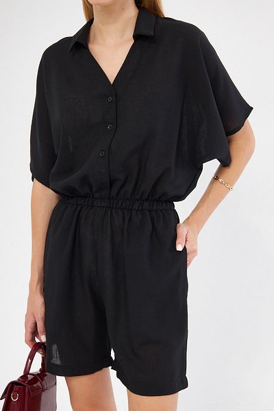 armonika BlacK Shirt Collar Short Jumpsuit - PocKets, ARM-24Y 001113