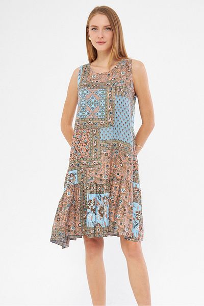armonika Imprimeu Baby Blue - Rochie de damă fără mâneci și cu volane ARM-22K 001142