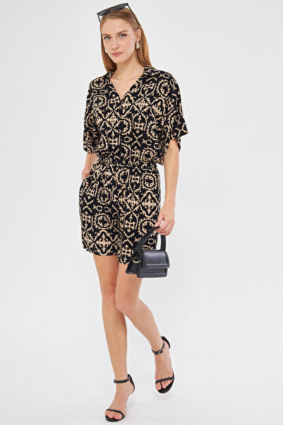 armonika Černý-béžový vzorovaný krátký overal - Košilový límec, Kapsa - ARM-24Y 001023