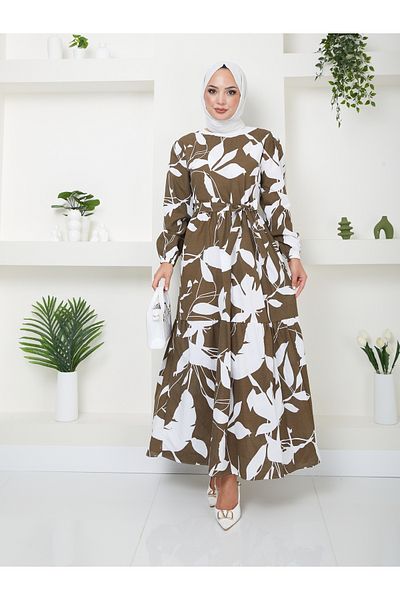 ALLMİRA FASHION Hijab Long Dress - Brown, White, Leaf Pattern and Belt Detail