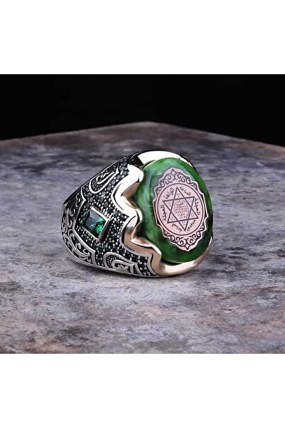 zorbey Kaplan Serisi Sıkma Kehribar Taşlı Hz. Süleyman Mührü şerifi Lazerli 925 Ayar Gümüş Erkek Yüzük