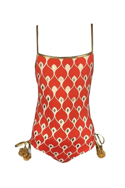 LOOK ME Red 50uv Girl's Swimsuit - Strap, Ikat Pattern and Gold Detail