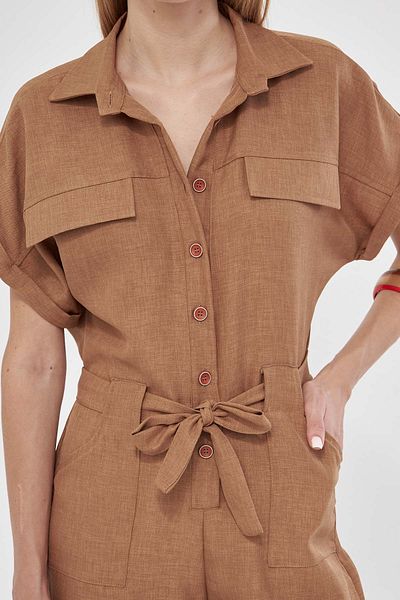 armonika Tan ColoreD Women's Palazzo Jumpsuit - Front Button, Waist Belt anD Pocket, Bat Sleeve ARM-24Y 001105