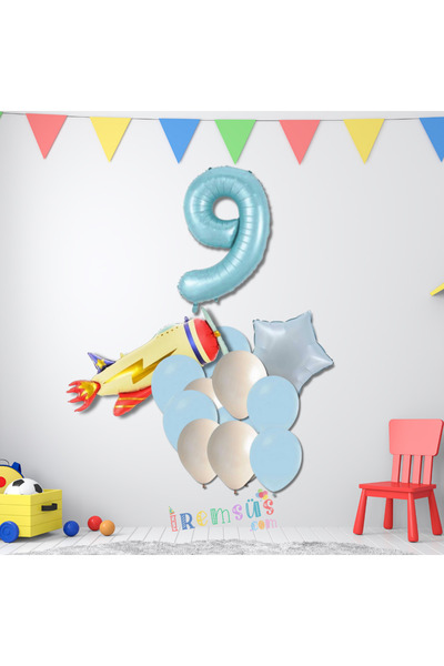 mypartyready 9 Yaş Doğum Günü Partisi Uçak Tema Balon Süsleme Seti Uçak Konse...