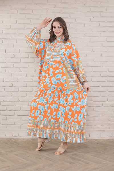 mervemoda Γυναικείο φόρεμα Plus Size - Μπροστινό με κουμπιά και ύφανση