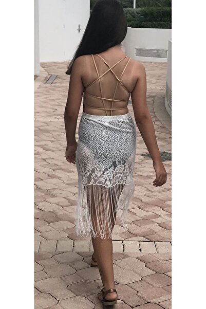 LOOK ME Lace Embroidered Tasseled White Girl's Pareo by Nessi Byrd