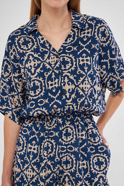 armonika DarK Blue Patterned Short Jumpsuit - Shirt Collar, PocKet - ARM-24Y 001023