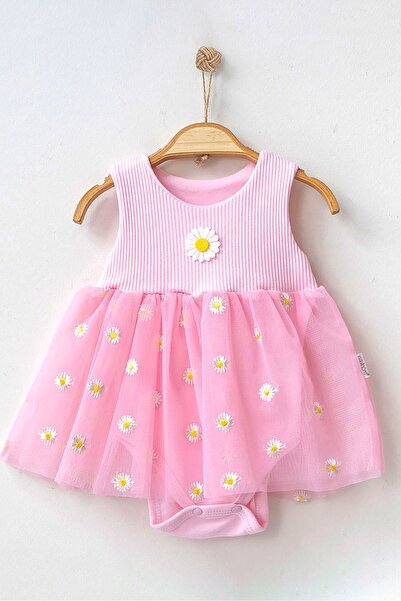 Beniizle Papatya Nakışlı Tüllü Çıtçıtlı Zıbın Elbise (%100 Pamuk)