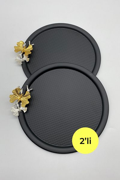 Fiyakalı Ürünler Atölyesi 22cm Round Black Tea and Coffee Presentation Tray - 2-piece Butterfly, Single Decorative Serving Tray