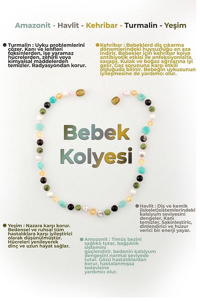 OSMANLI DOĞAL TAŞ Certified Baby Amber Necklace-amber-amazonite-jade-havlit-turmalin (33-35 CM) M080