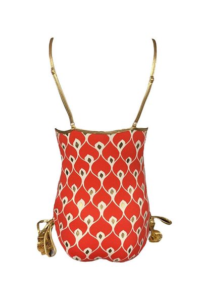 LOOK ME Red 50uv Girl's Swimsuit - Strap, Ikat Pattern and Gold Detail