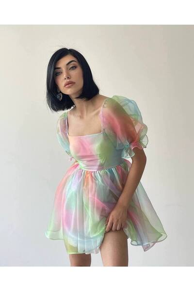 SONREİR KARE YAKA KISA BALON KOL GÖKKUŞAĞI RENGİ MİNİ ELBİSE