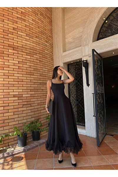 Alessa Kadın Eteği Tül Detaylı Askılı Midi Boy Abiye Premium Elbise