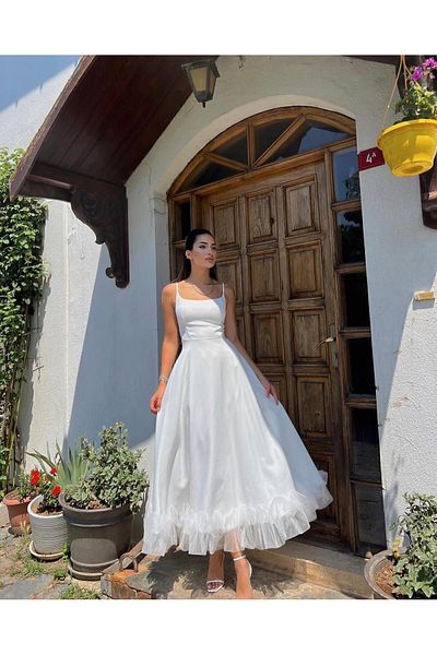 Alessa Premium Midi Evening Dress - Tulle Detailed Women's Skirt and Strappy Length