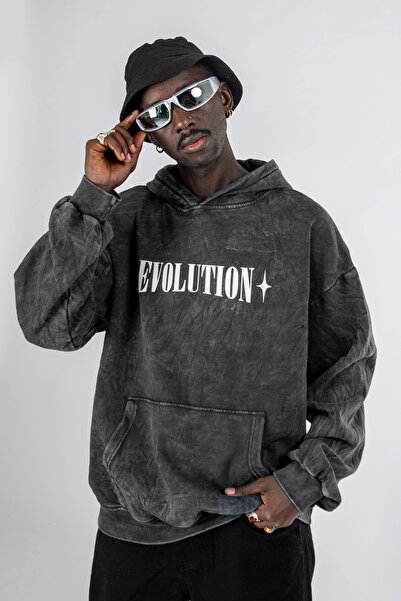 Sekizbiraltı Μαύρο Evolution Printed Oversize Unisex Hoodie με κουκούλα