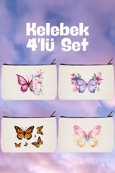 designedfy Set de 4 geanți de machiaj cu imprimeu fluture - Suport stilou și portofel