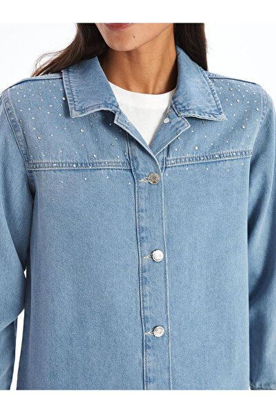 LC Waikiki Γυναικείο τζιν τουνίκ με στάμπα με πέτρα Indigo Rodeo - γιακάς πουκάμισου, μακρυμάνικο