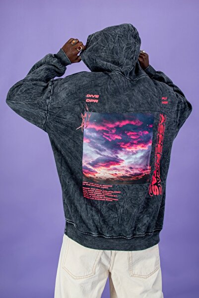 Sekizbiraltı Washed Black Asperitas Back Printed Oversize Unisex Hoodie
