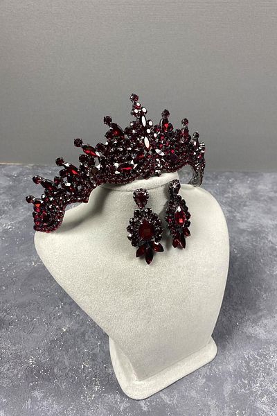 Hayalperest boncuk Tokyo Model Henna Crown Drop Stone Detailed Shuttle Earring Set Bridal Crown Set Burgundy Color