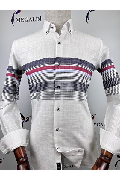 MEGALDİ Erkek Slim Fit Kesim Linen Keten Blok Desenli Beyaz İndigo Uzun Kollu...