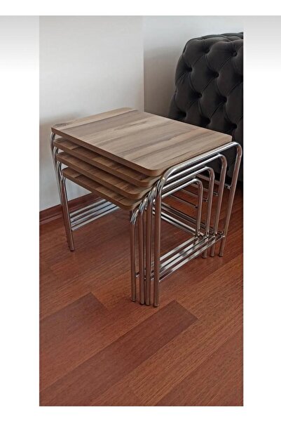 Can Vista Home 4'lü Valencia Ceviz Metal Krom Nikel Ayaklı Zigon Sehpa