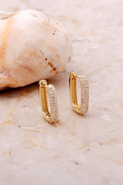 Sümer Telkari Taşlı Dikdörtgen Altın Yaldızlı Gümüş Halka Küpe 5164