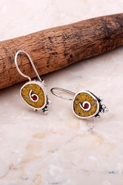 Sümer Telkari Antik Mozaik Işlemeli Sarı Kuvars Taşlı Gümüş Küpe 6071