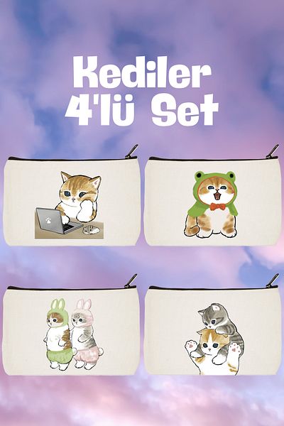 designedfy Geantă de machiaj Campaign Cats din 4 piese - Set de 2 imprimeuri, suport pentru creion și portofel