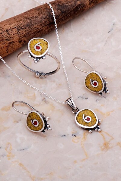 Sümer Telkari Antik Mozaik Işlemeli Sarı Kuvars Taşlı Gümüş Set 2626