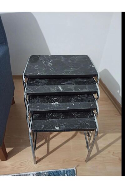 Can Vista Home 4'lü Siyah Mermer Desen Metal Krom Nikel Ayaklı Zigon Sehpa